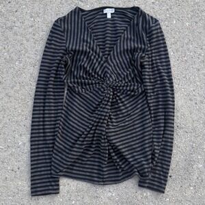 A Pea in the Pod Maternity Top Small Black Gray Striped Knot Front V-Neck Long S